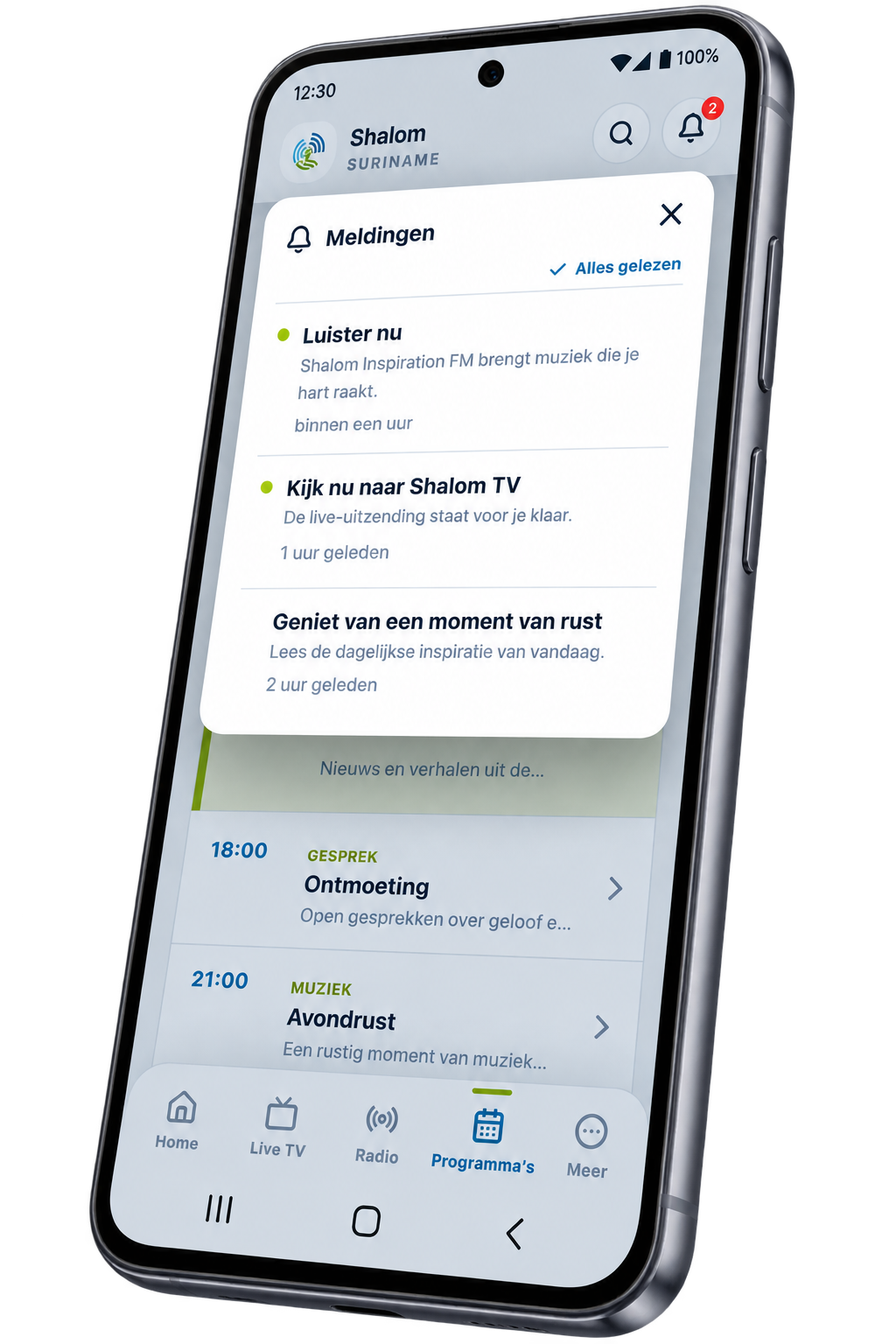 Meldingen en programmaherinneringen in de Shalom Android-app.
