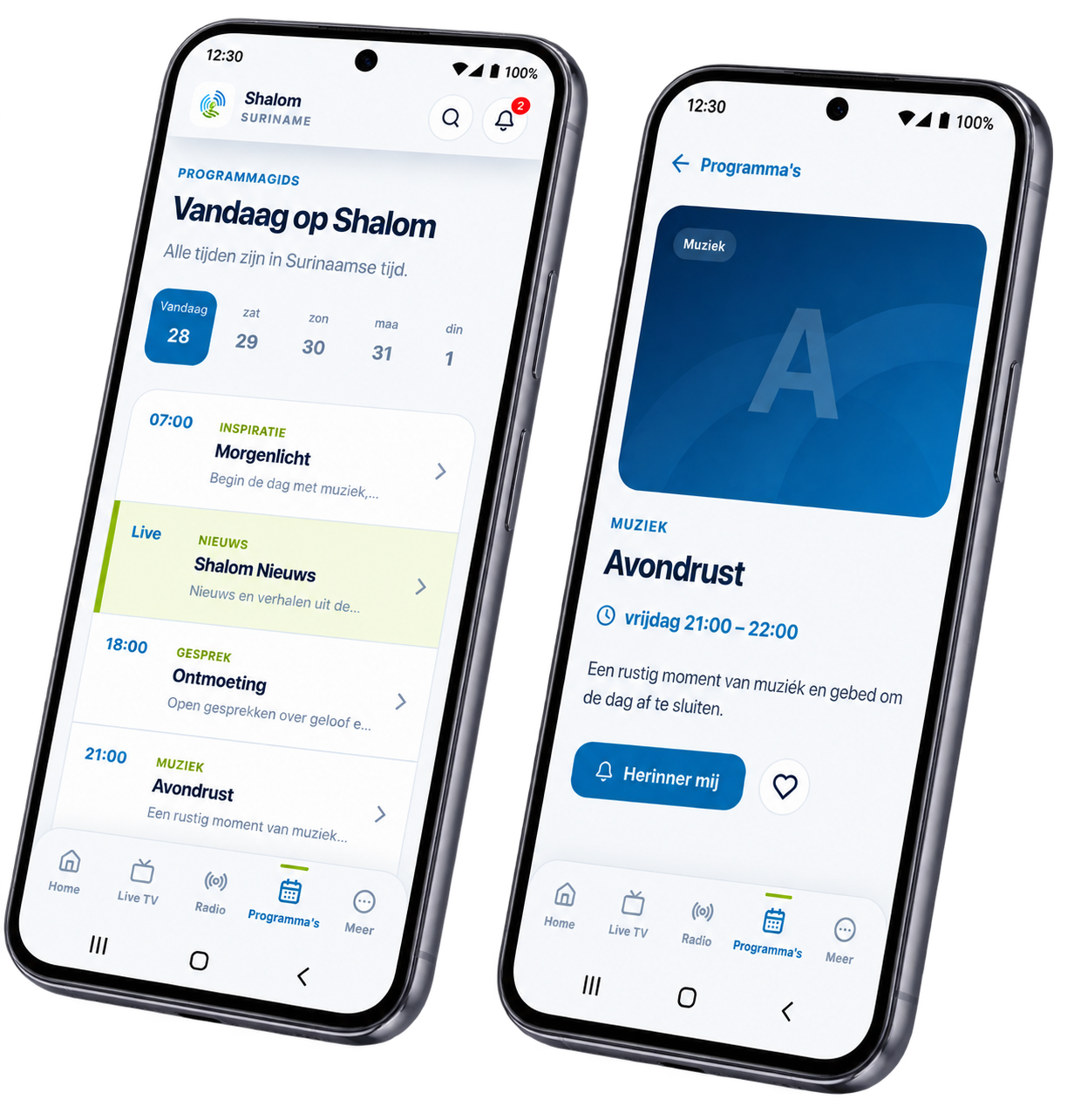 Programmagids en programmadetails in de Shalom Android-app.
