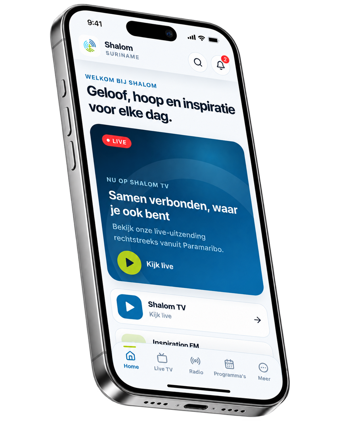 Shalom Suriname app op iPhone met de Shalom startpagina.